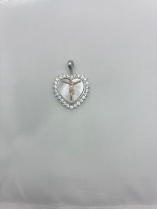 925 Silver Heart Crucifix Pendant with Clear Stones Religious Jewelry
